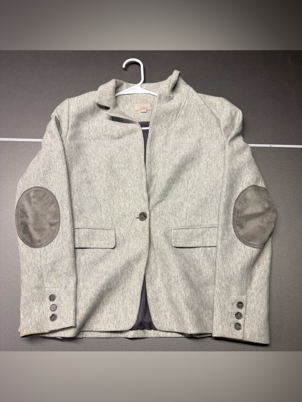 LOFT Blazer Gray Herringbone Dark Elbow Patches Jacket Sz 6 Dark Academia Preppy